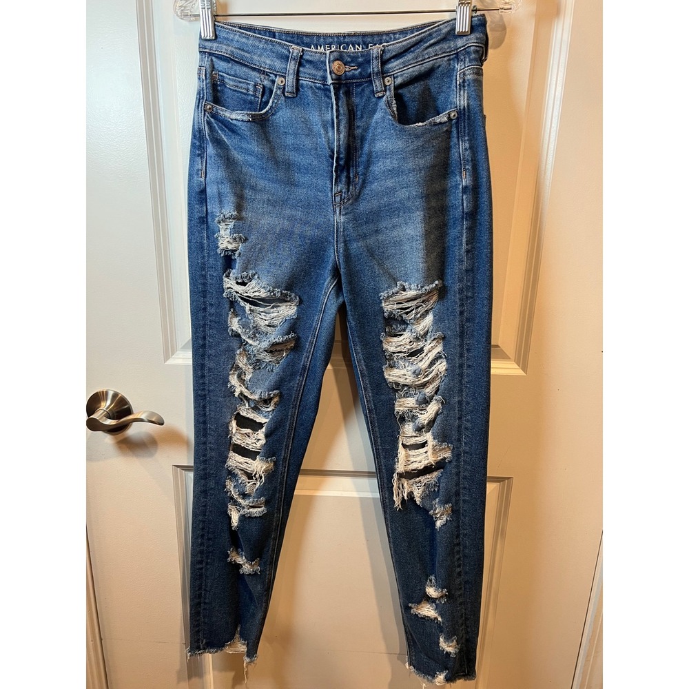 American Eagle Womens Mom Jeans Heavy Distressed Blue Size 4 Regular